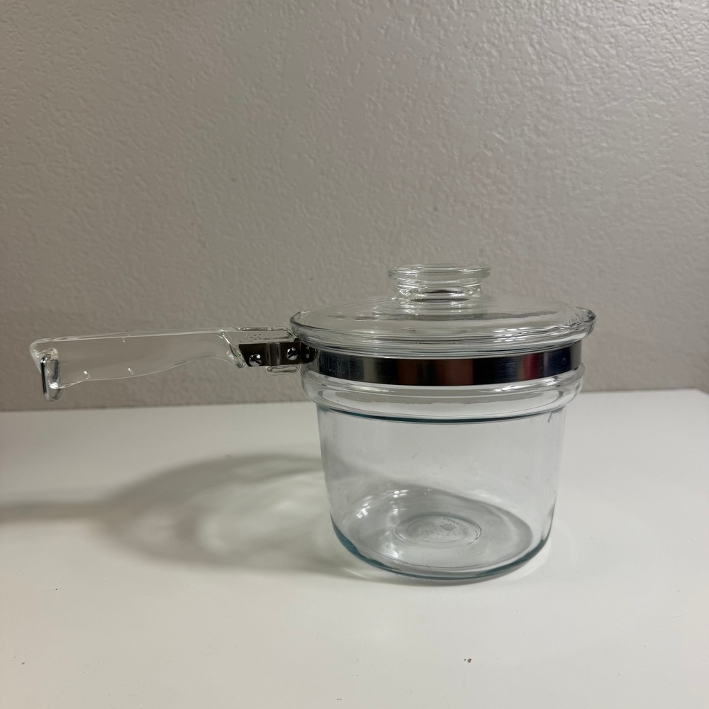 Vintage Pyrex Flameware Clear Glass Double Boiler 1.5 Qt 6283 with Lid